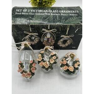 Set 3 Victorian Hand-Blown Glass Christmas Ornaments Roses Ribbons VGO in Box